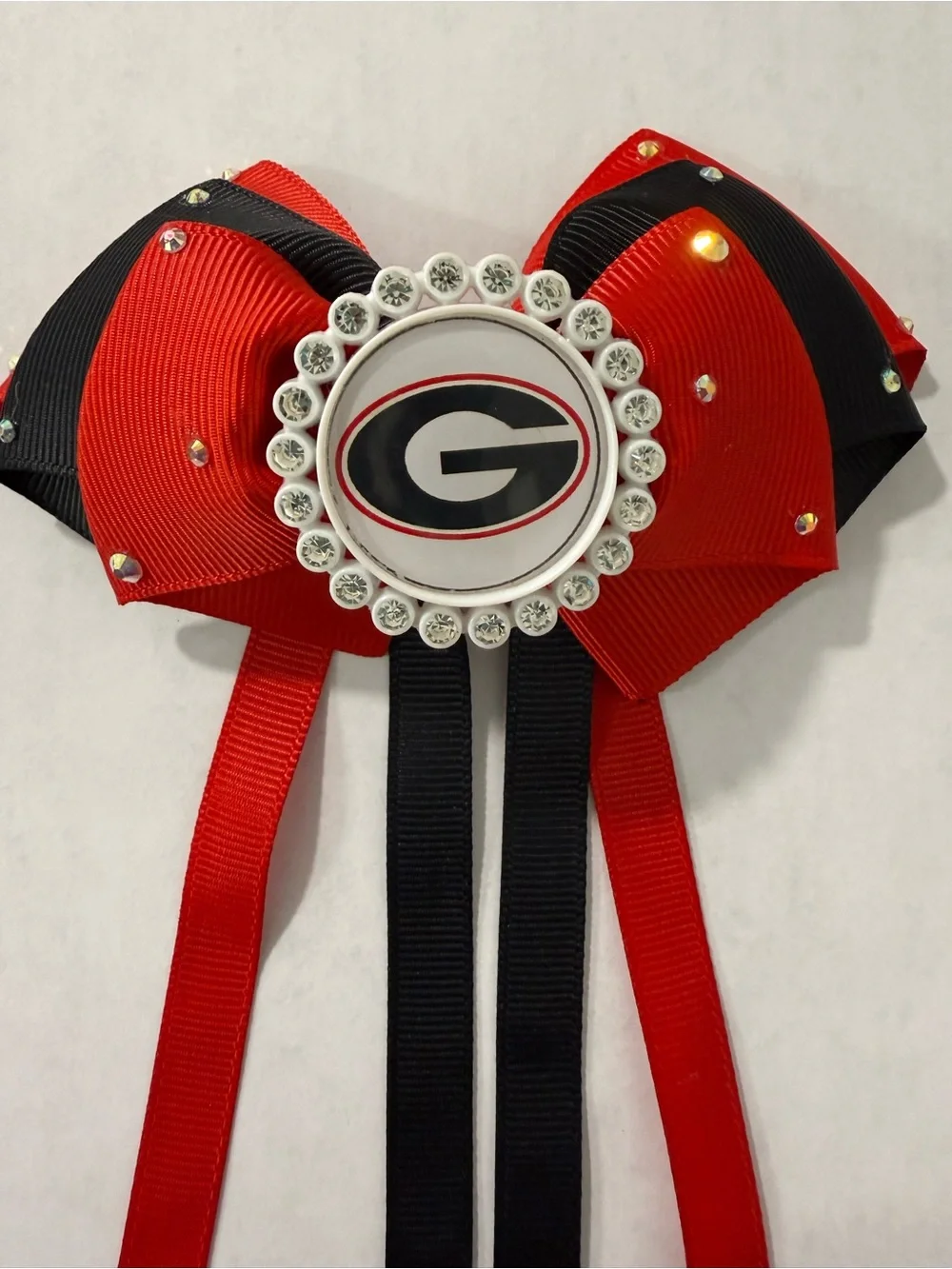Red and Black Team Ribbon Hair Bow with Rhinestone Medallion